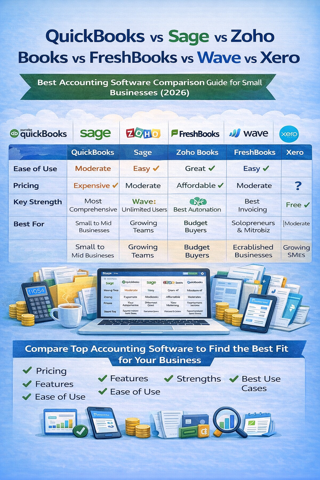 Quickbooks vs Sage vs Zoho Books vs Freshbooks vs Wave vs Xero